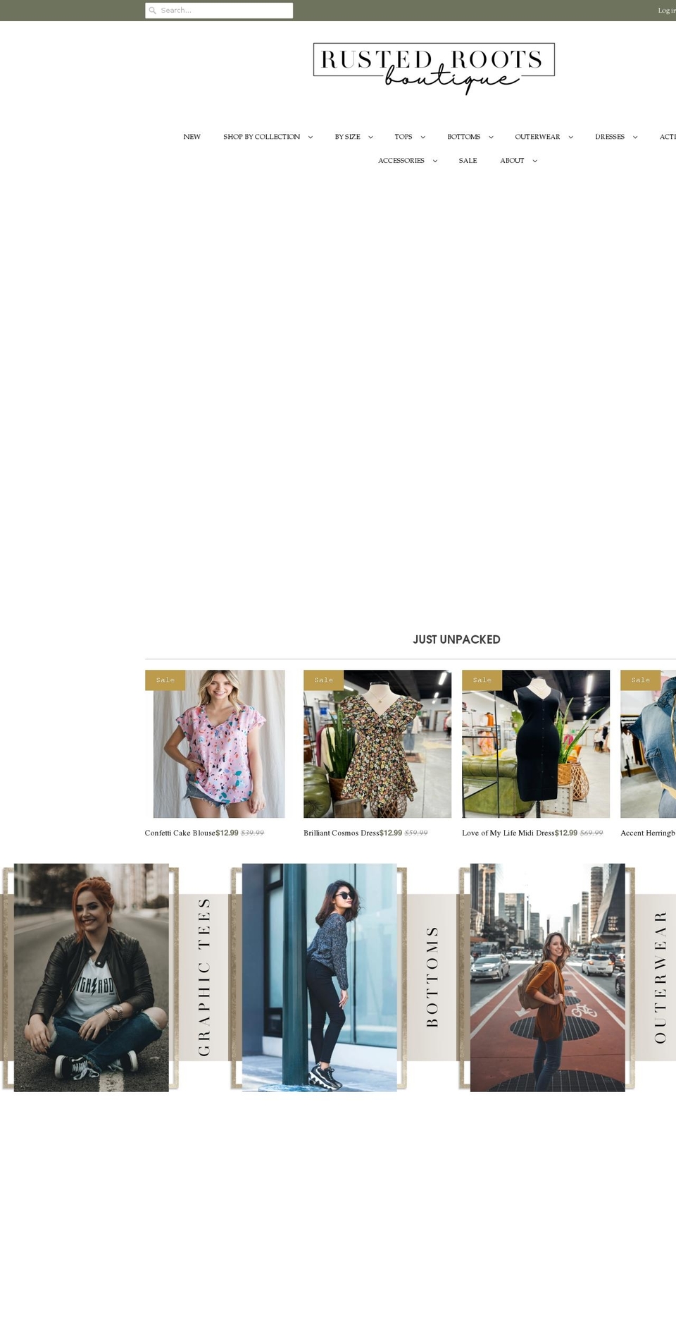 rustedrootsboutique.com shopify website screenshot