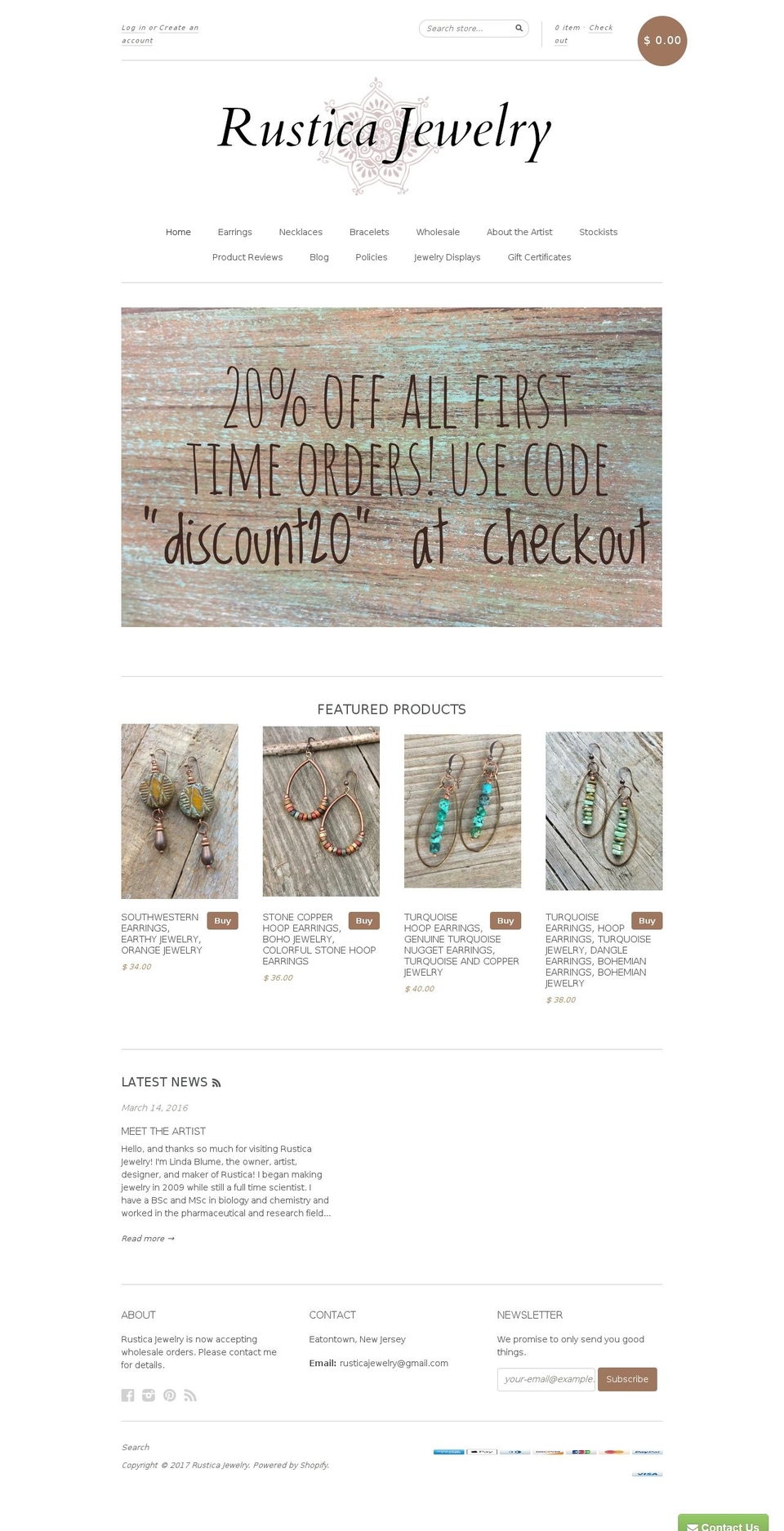 rusticajewelry.com shopify website screenshot