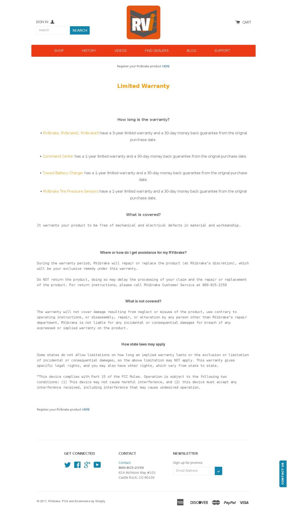 rviwarranty.com shopify website screenshot