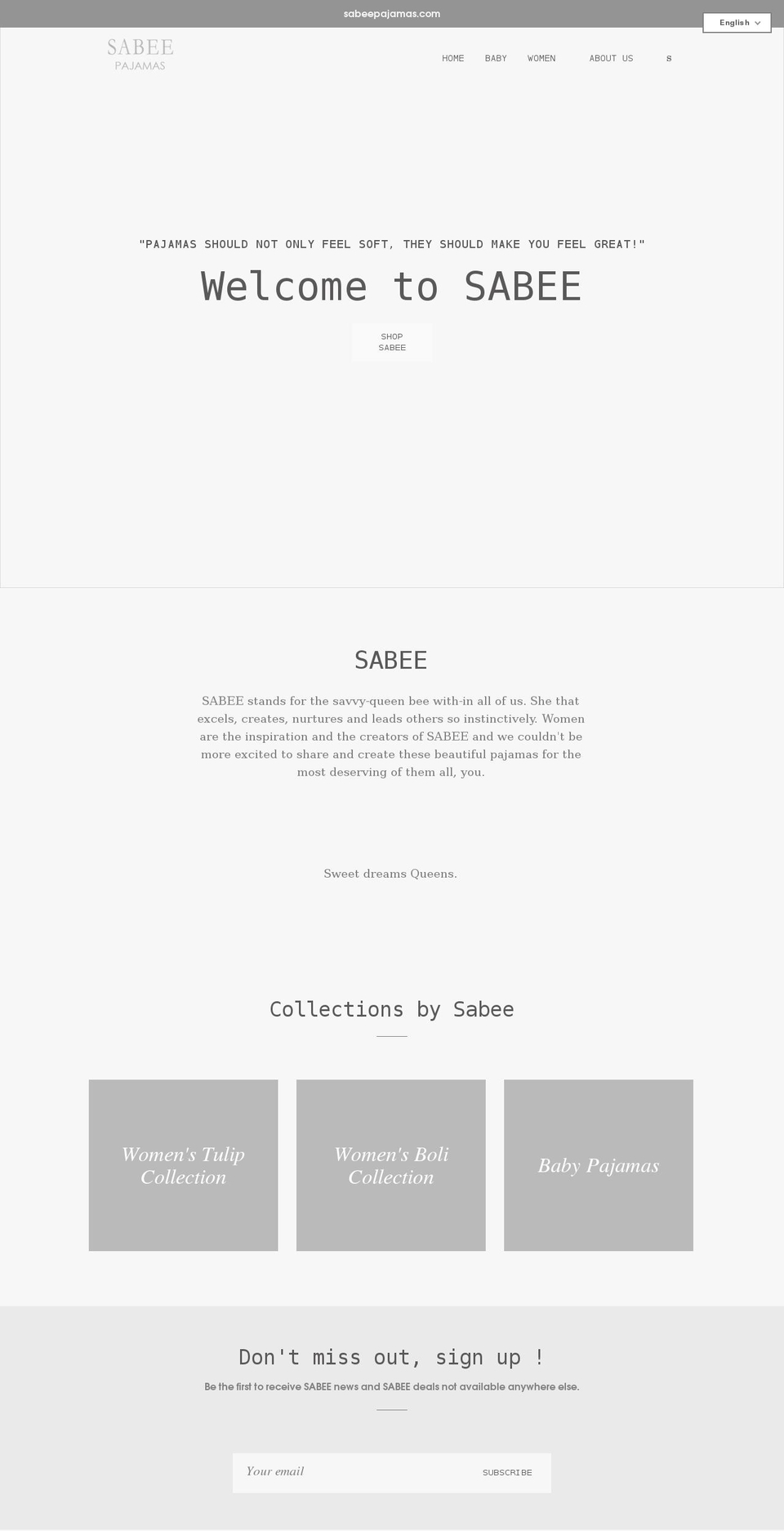 sabeepajamas.com shopify website screenshot