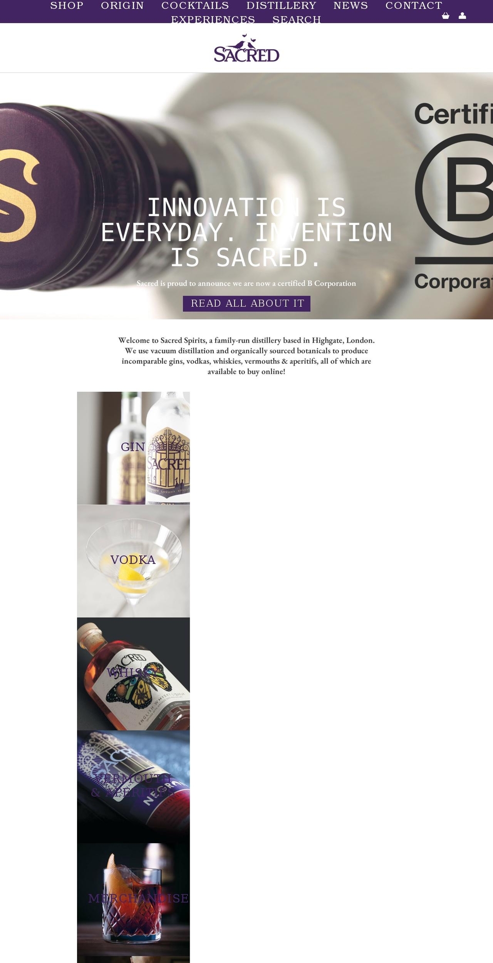 sacredgin.com shopify website screenshot
