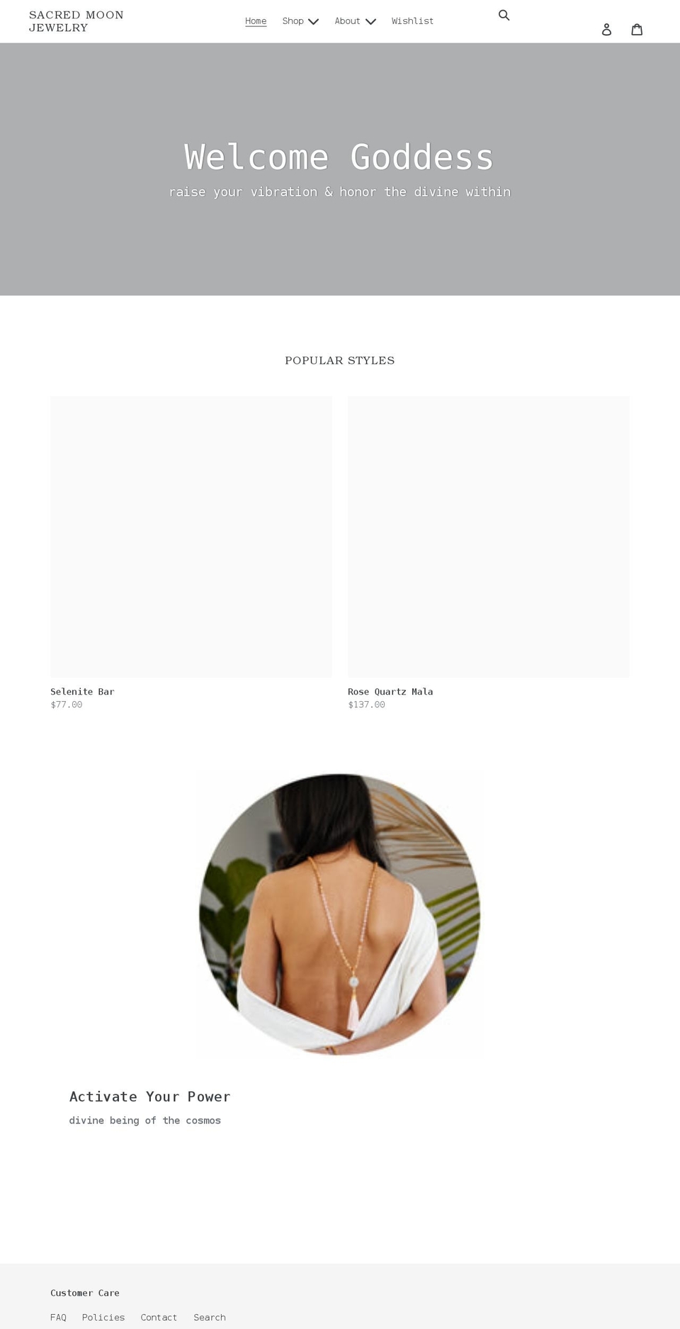 sacredmoonjewelry.com shopify website screenshot
