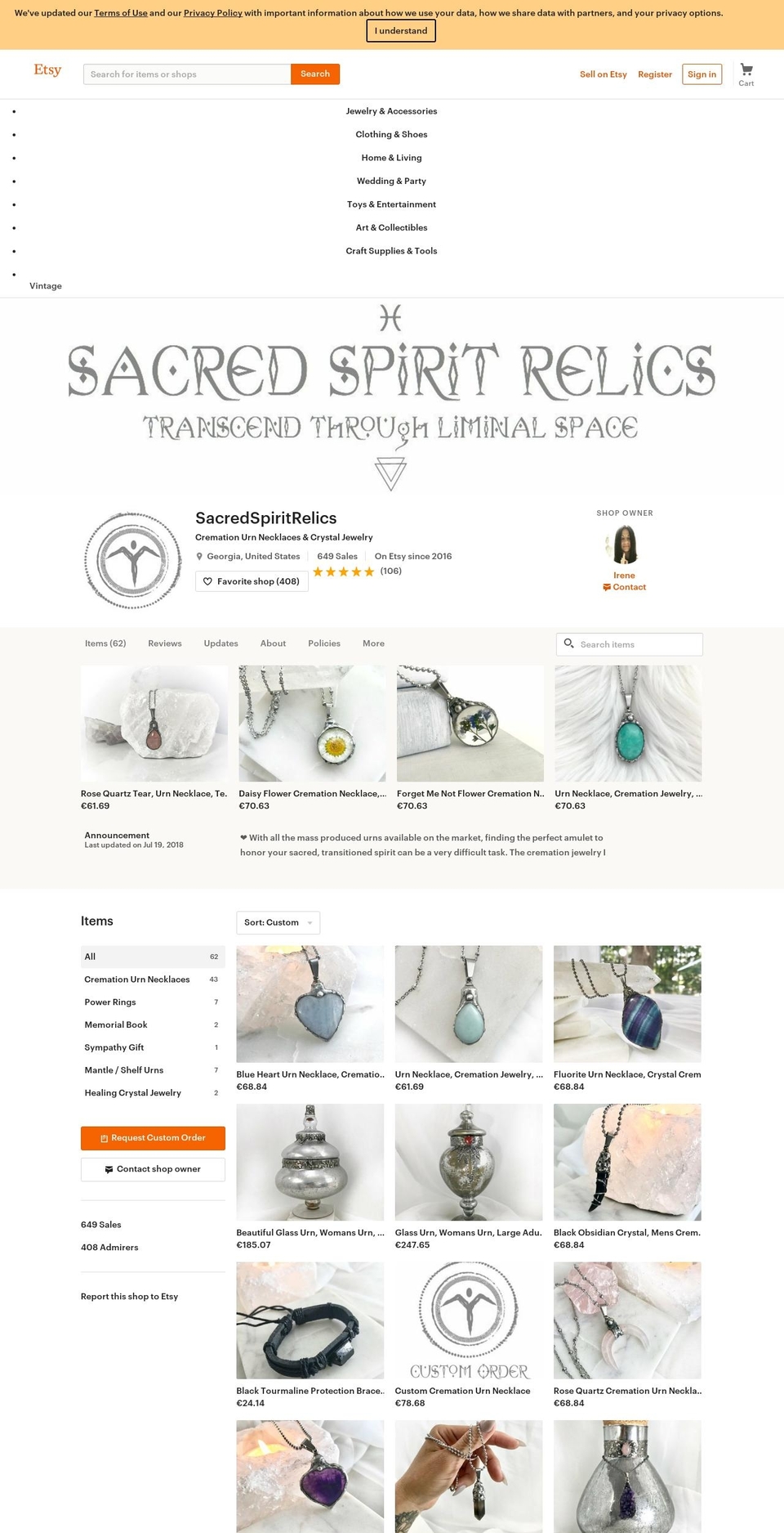 sacredspiritrelics.com shopify website screenshot