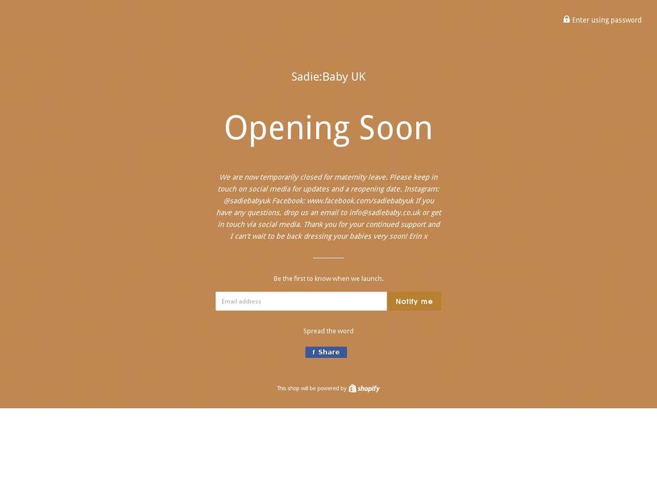 sadiebaby.co.uk shopify website screenshot