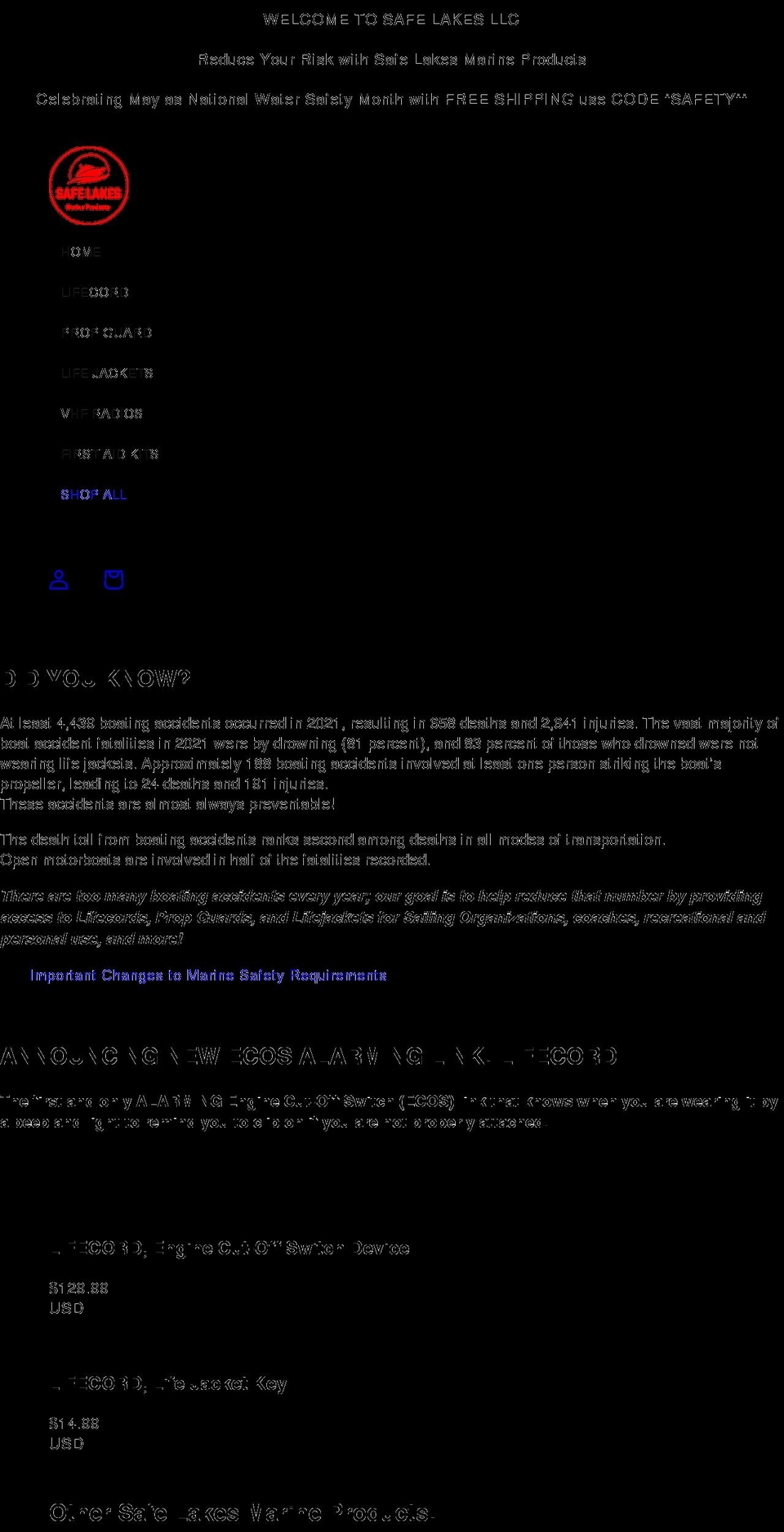 safelakes.com shopify website screenshot