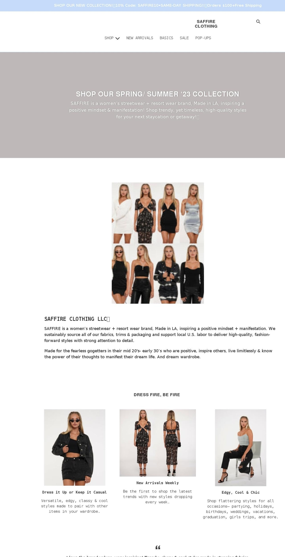 saffireclothing.com shopify website screenshot