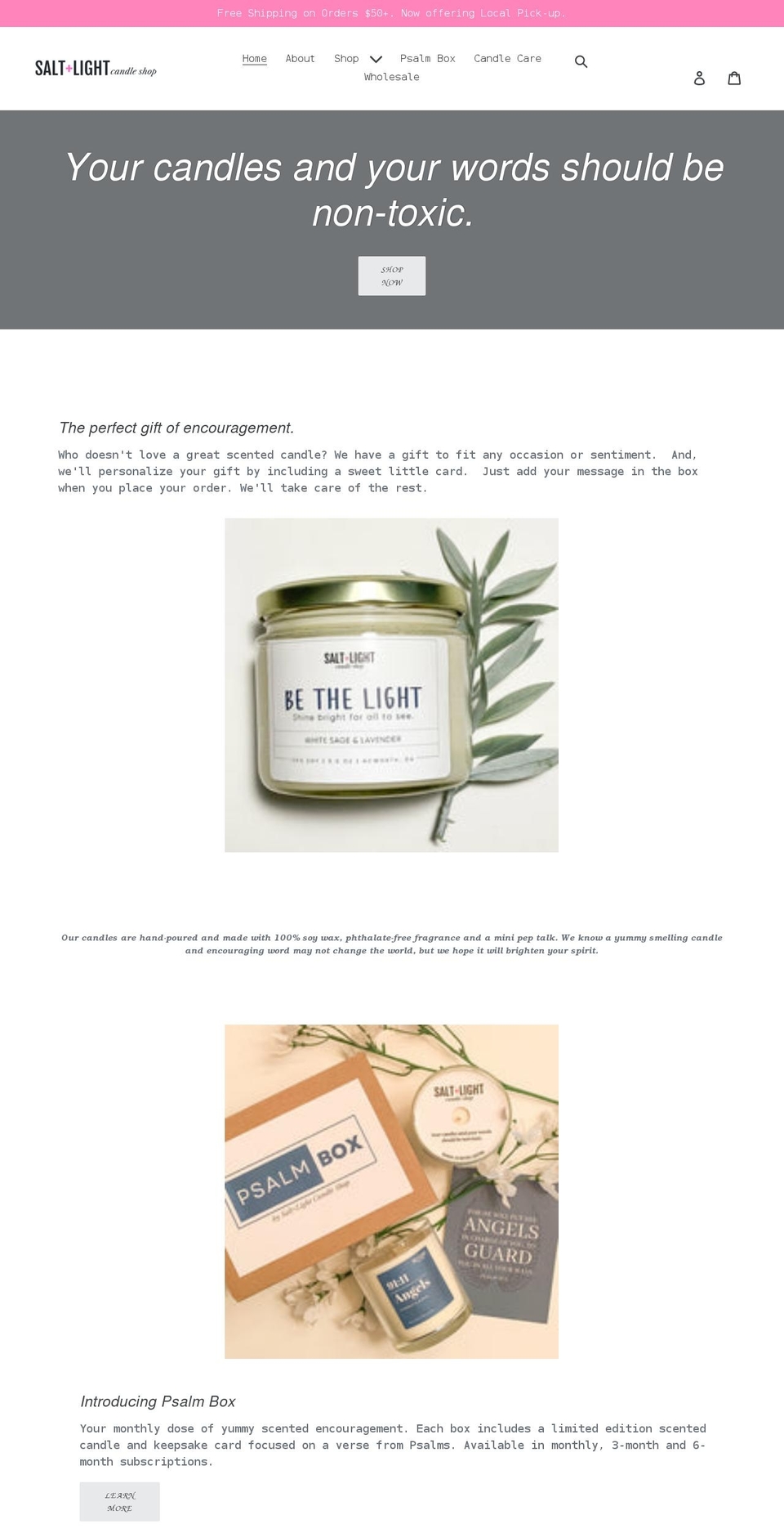 saltandlightcandleshop.com shopify website screenshot