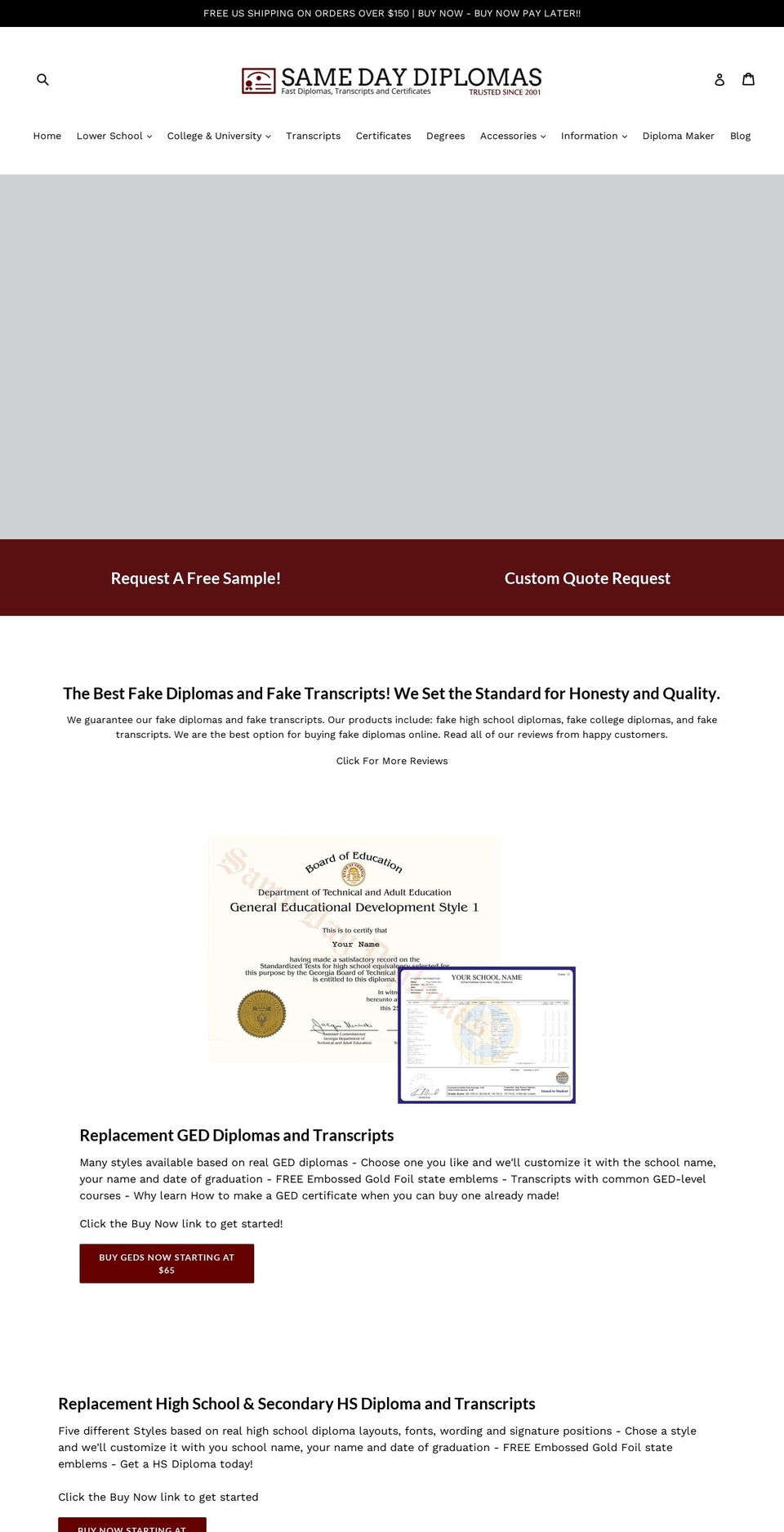 samedaydiplomas.com — Shopify storefront screenshot