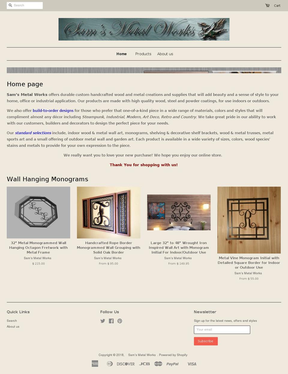 samsmetalworks.com — Shopify storefront screenshot