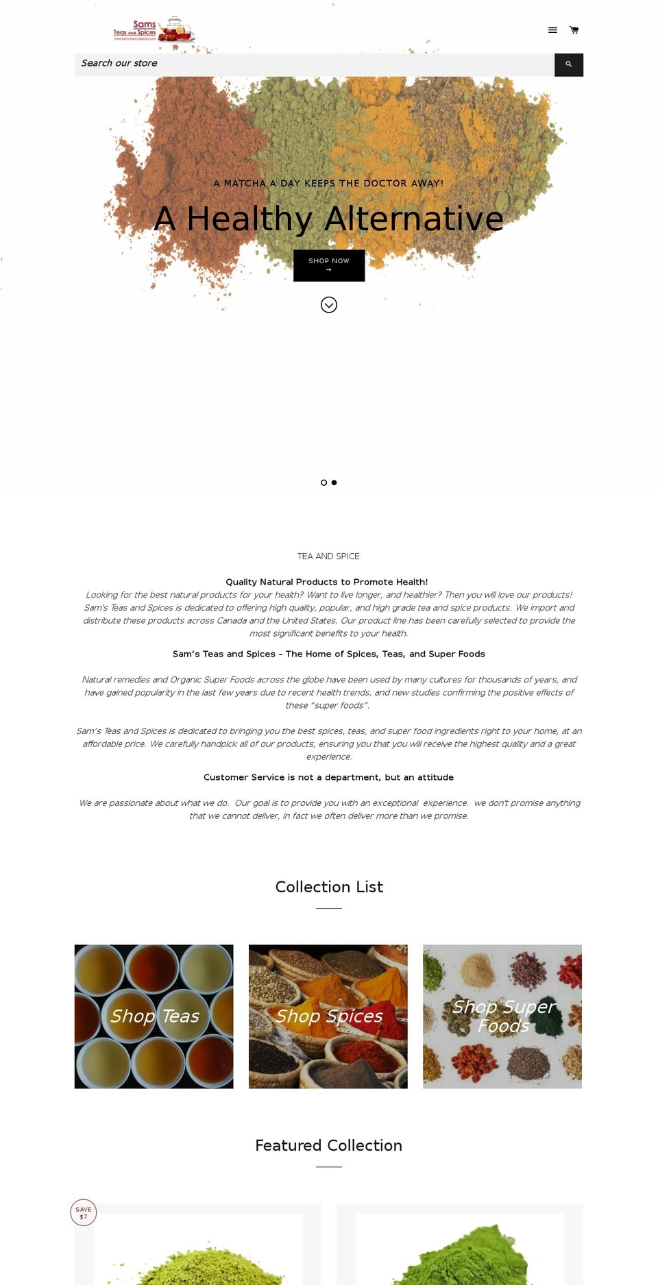 samsteasandspices.org shopify website screenshot