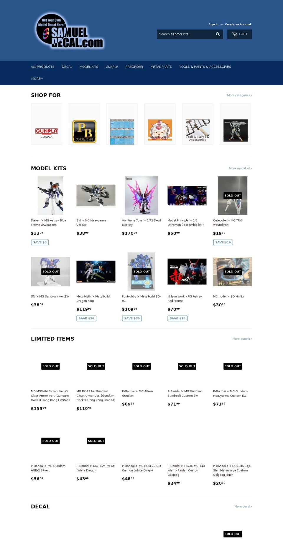 samueldecal.com shopify website screenshot