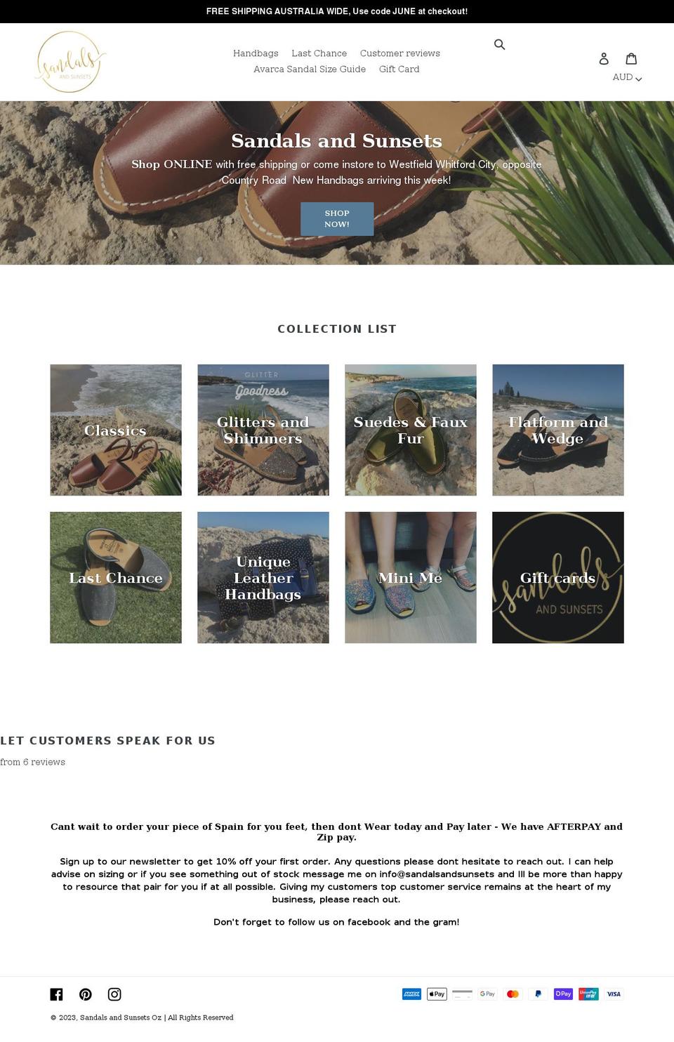 sandalsandsunsets.com.au shopify website screenshot