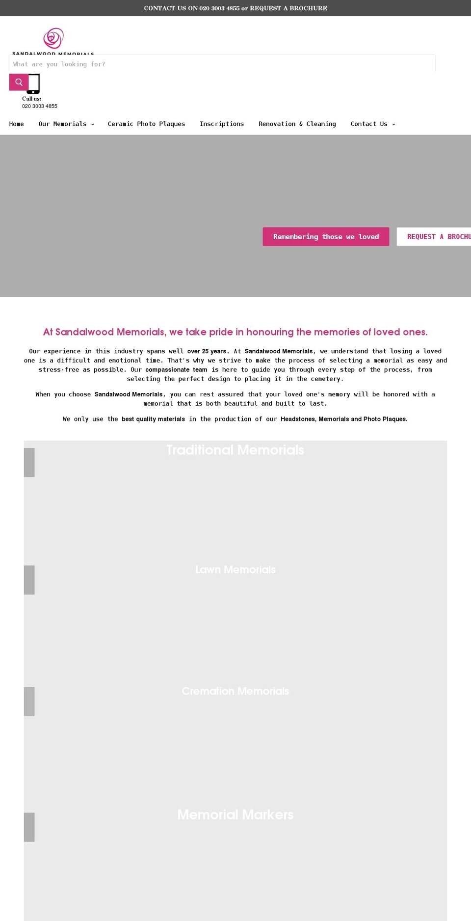 sandalwoodmemorials.co.uk shopify website screenshot
