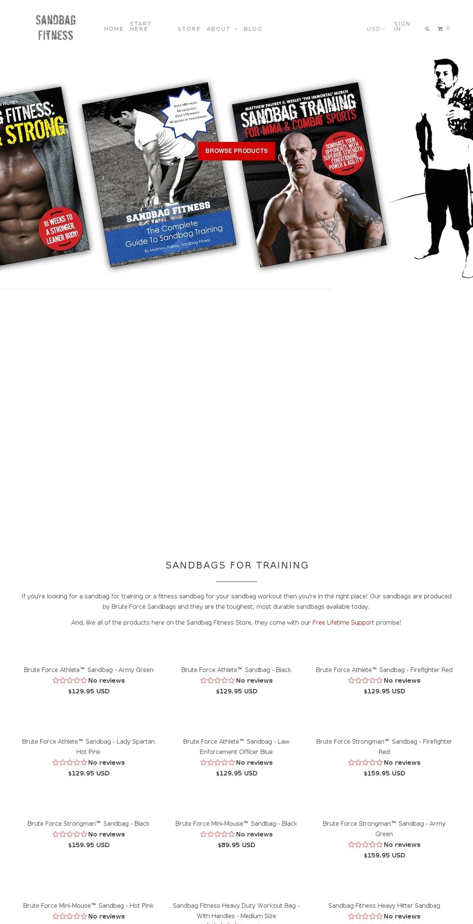 sandbagstrengthdvd.com shopify website screenshot