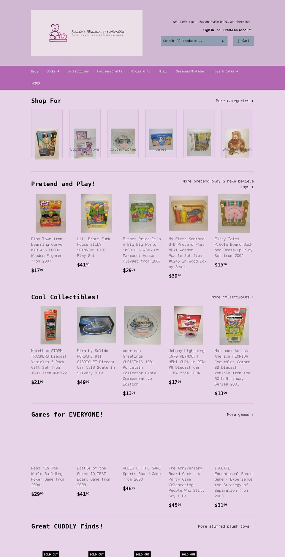sandeesmemoriesandcollectibles.com shopify website screenshot