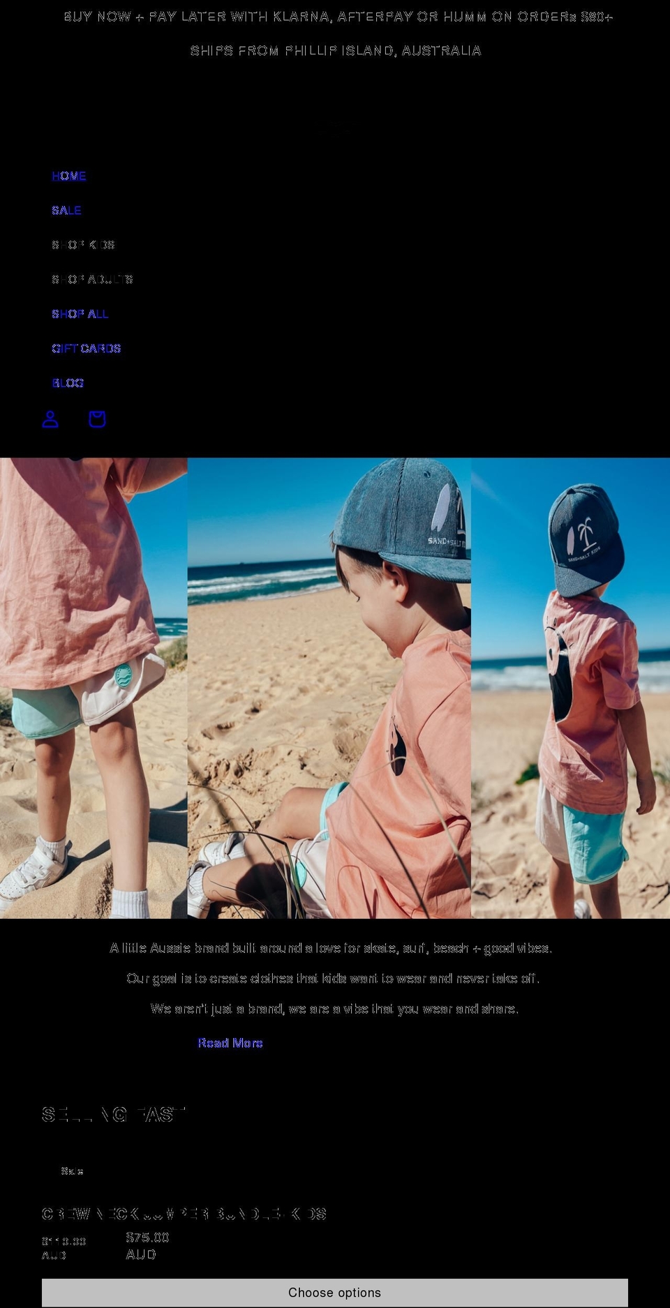 sandnsaltkids.com shopify website screenshot