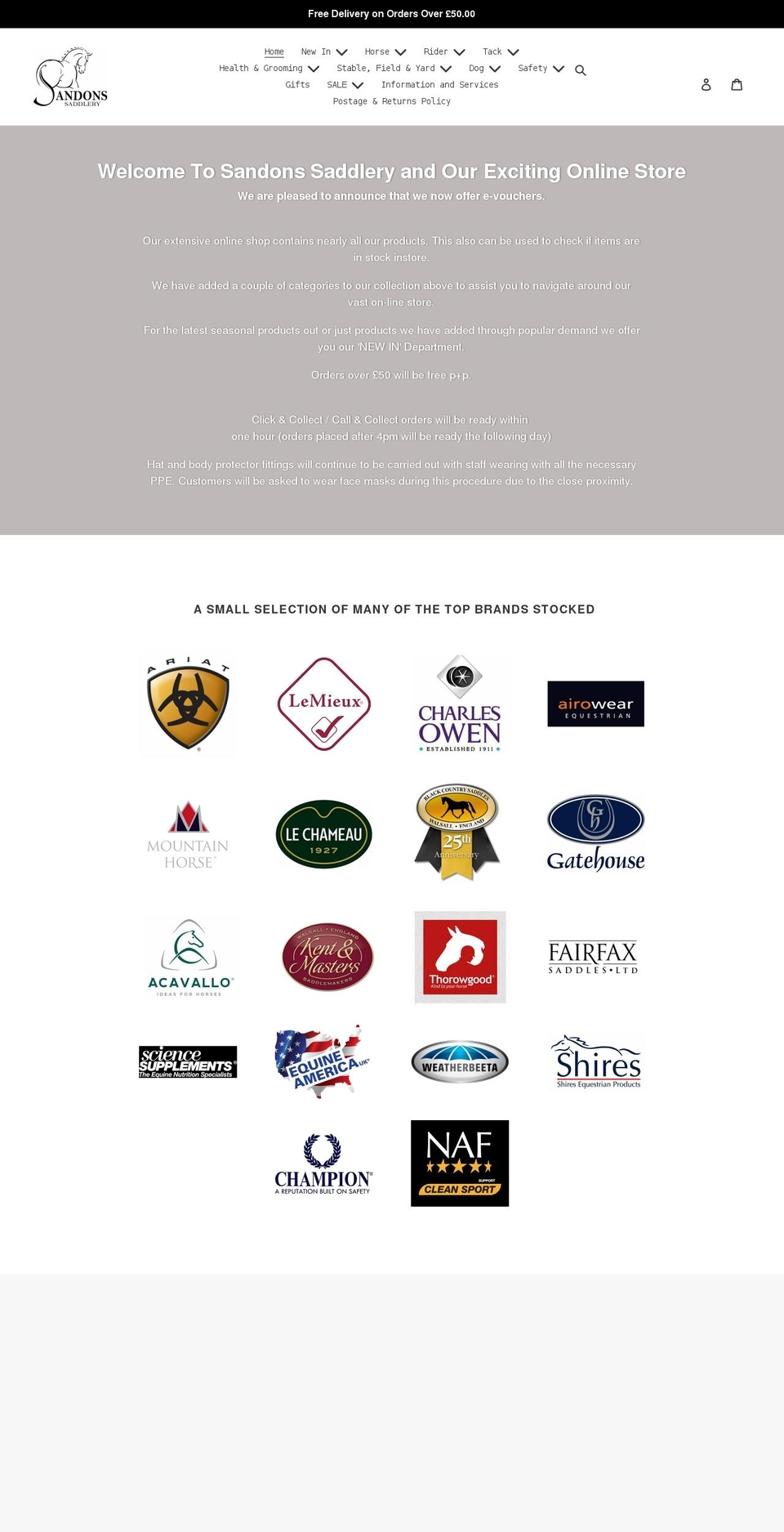 sandonssaddlery.co.uk shopify website screenshot