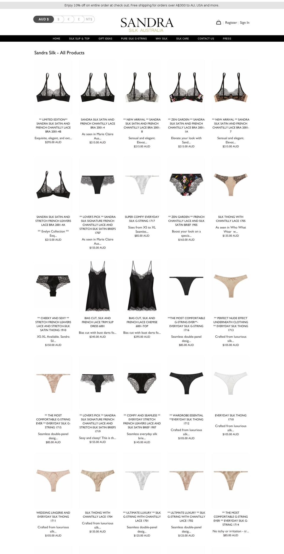 sandrasilk.com.au shopify website screenshot