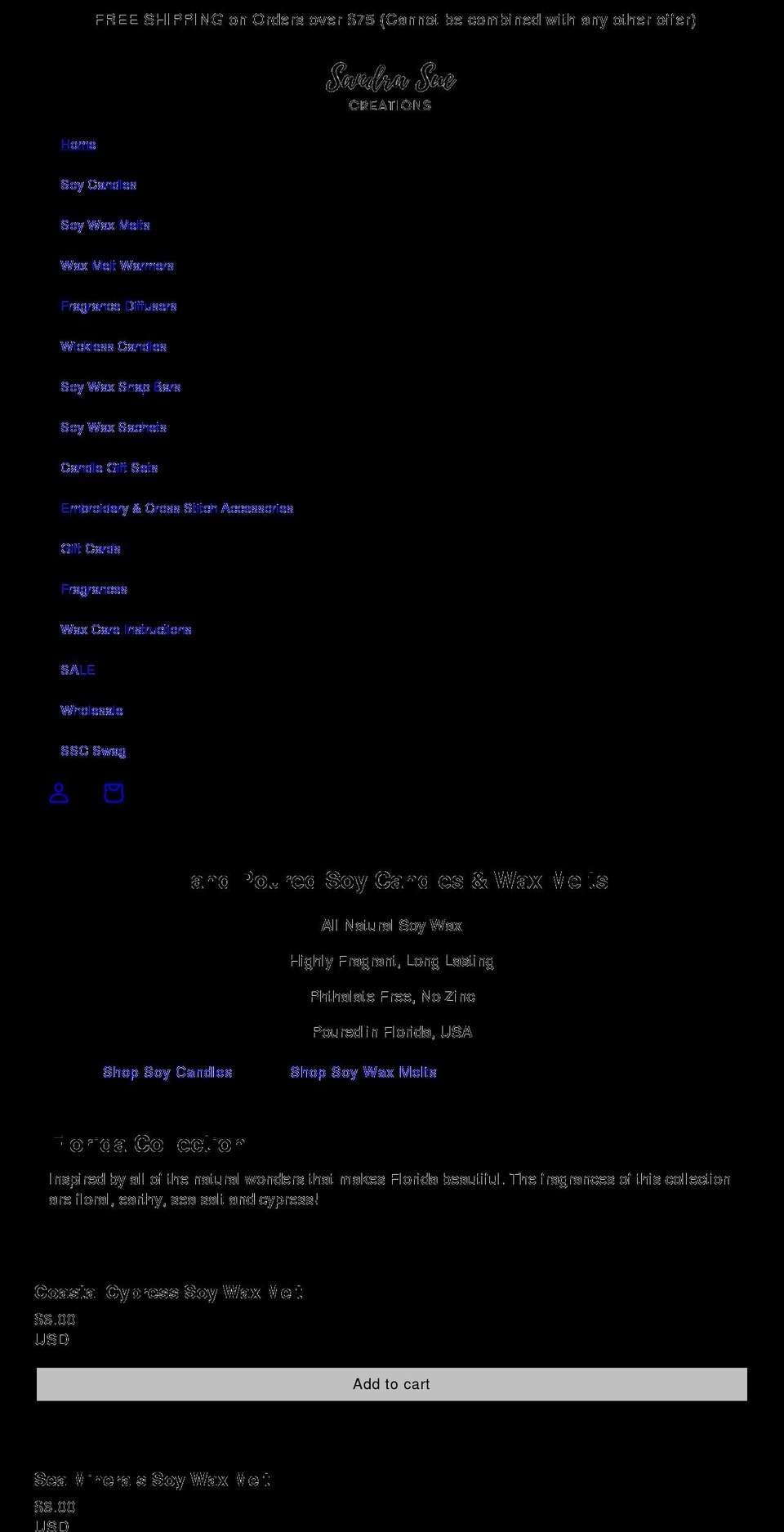 sandrasuecreations.com shopify website screenshot