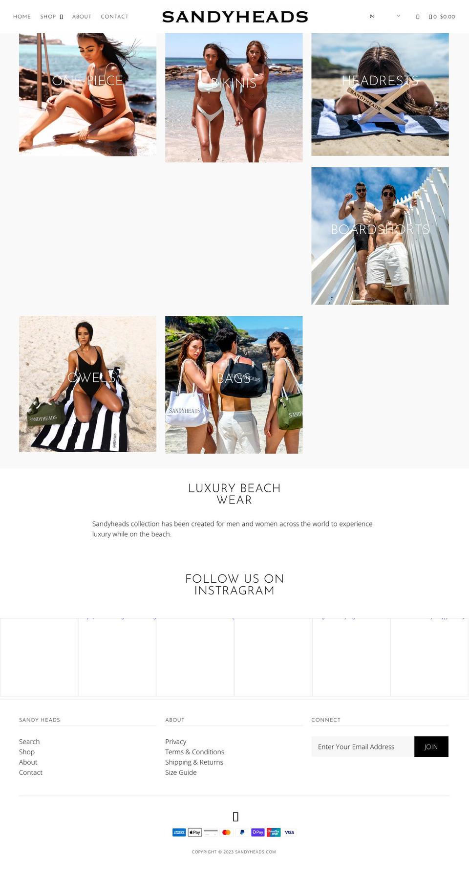 sandyheads.com — Shopify storefront screenshot