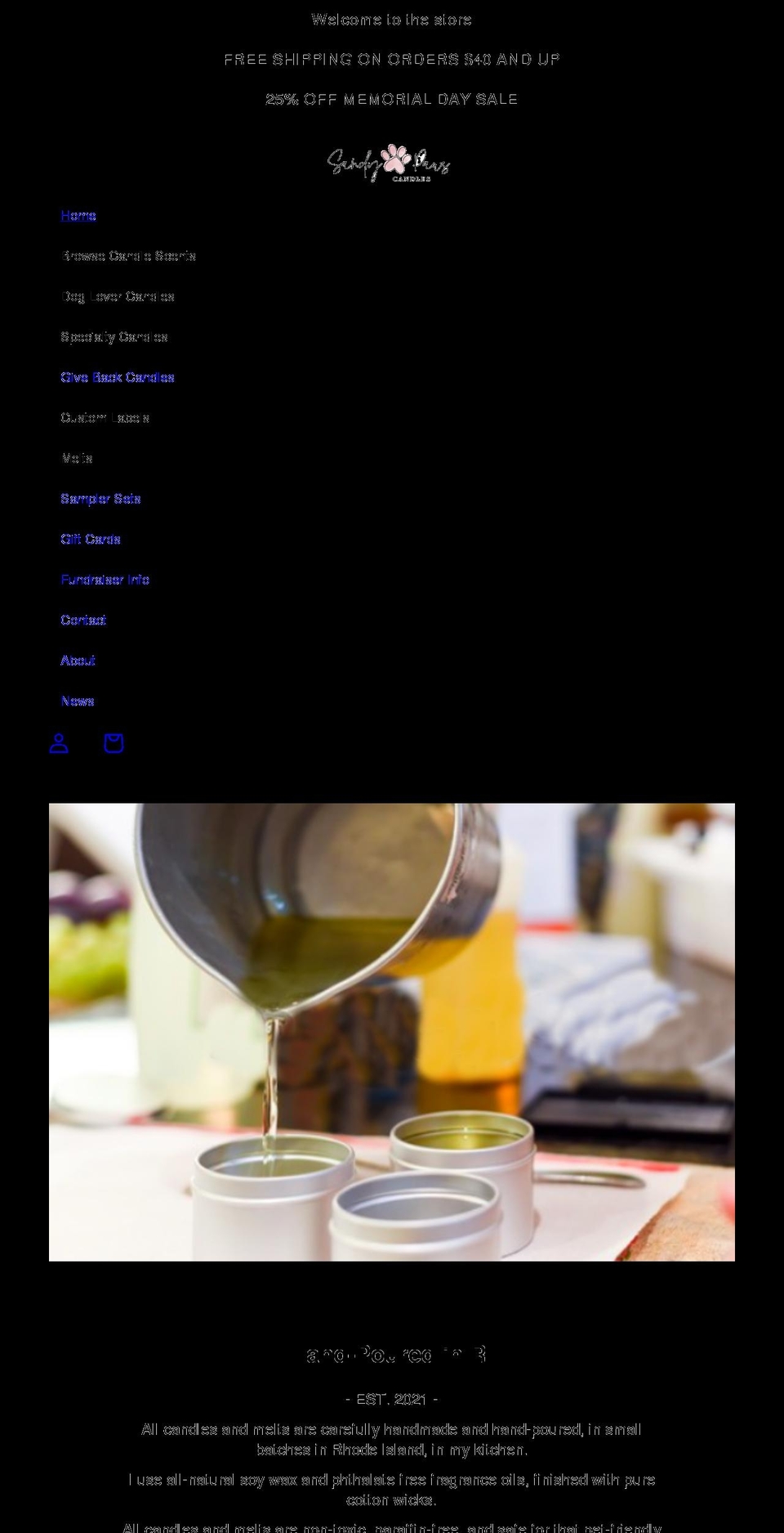 sandypawscandles.com shopify website screenshot