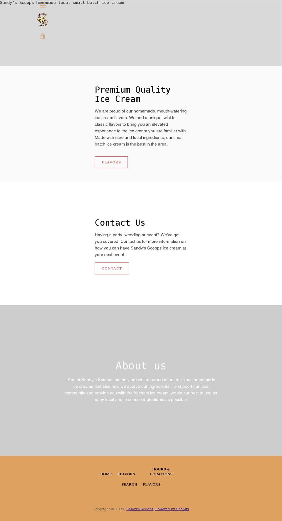 sandyscoops.com shopify website screenshot