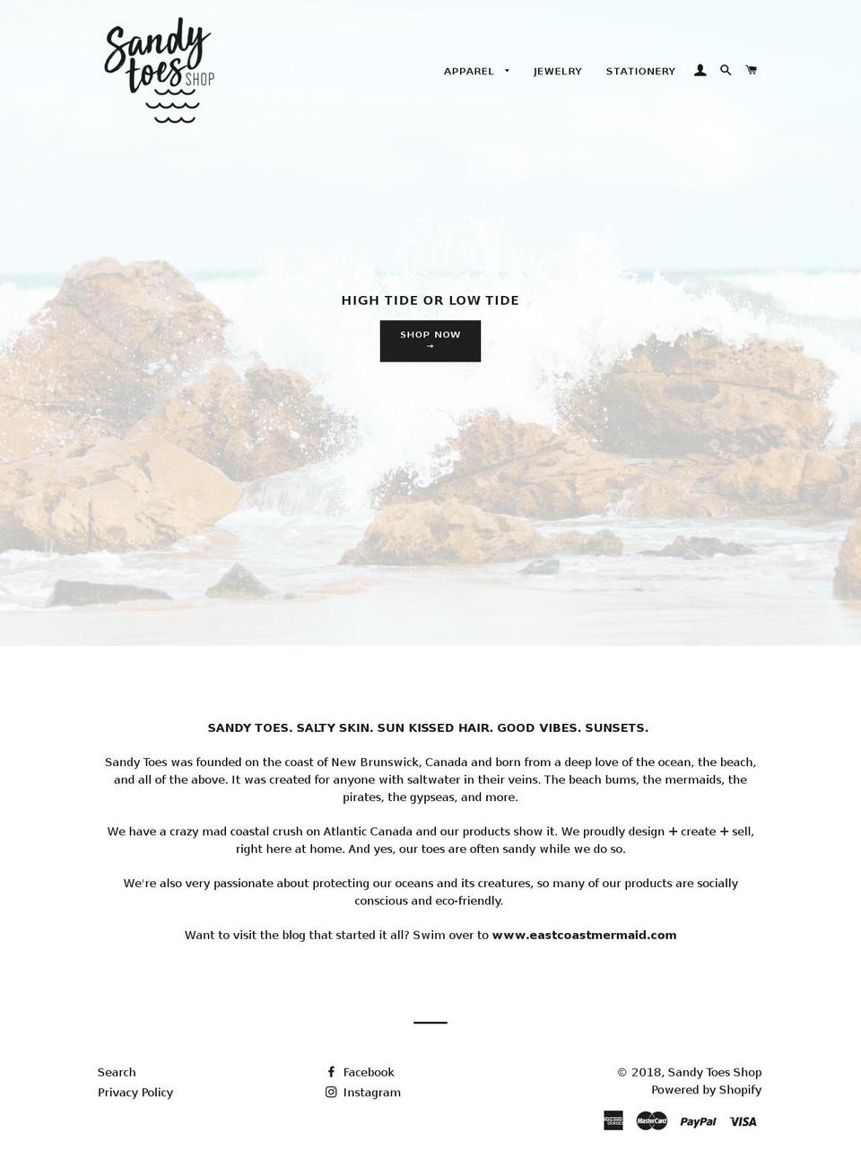 sandytoesshop.com — Shopify storefront screenshot