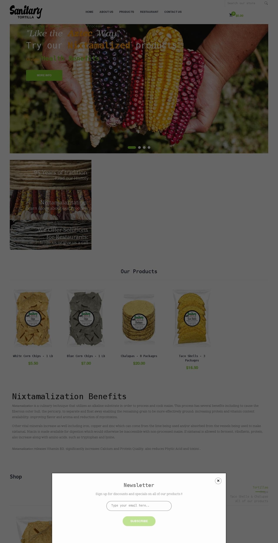 sanitarytortillacompany.com shopify website screenshot