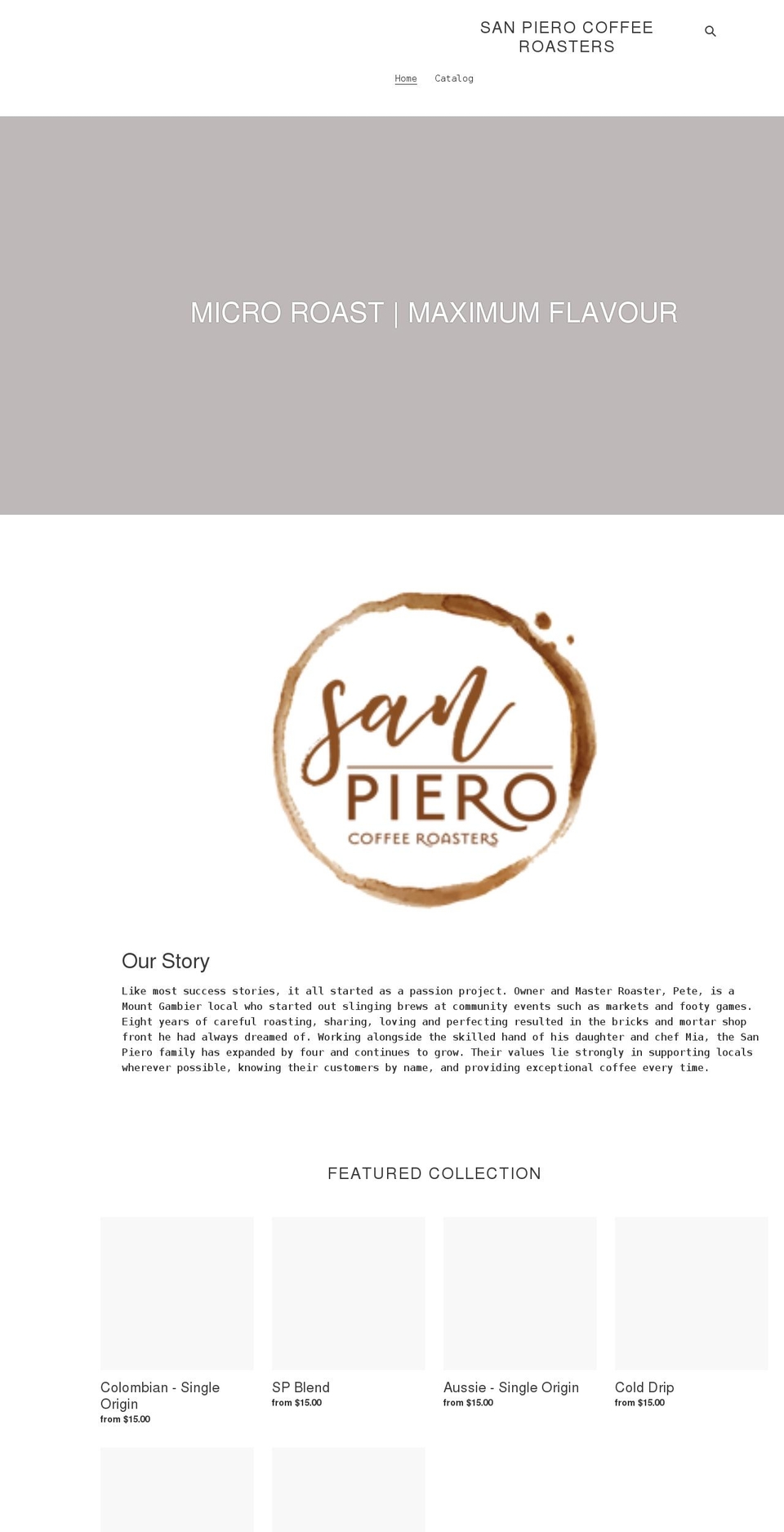 sanpierocoffeeroasters.com shopify website screenshot