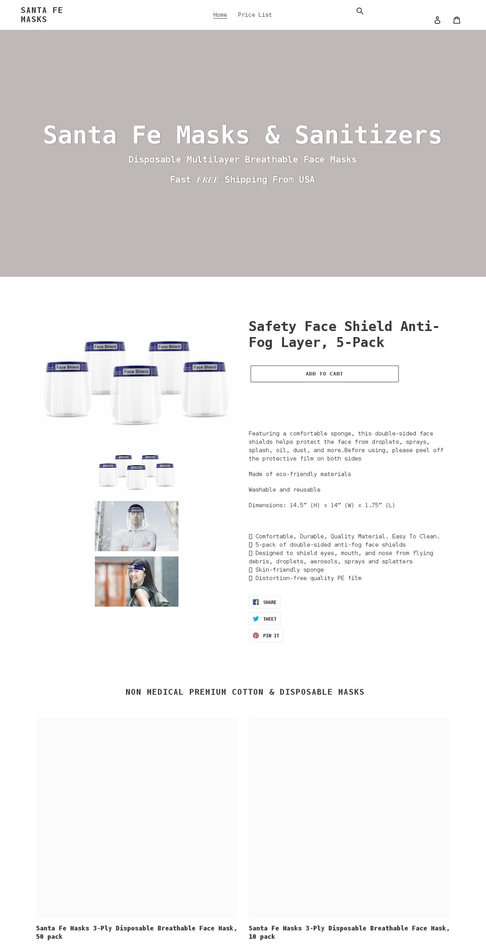 santafemasks.com shopify website screenshot