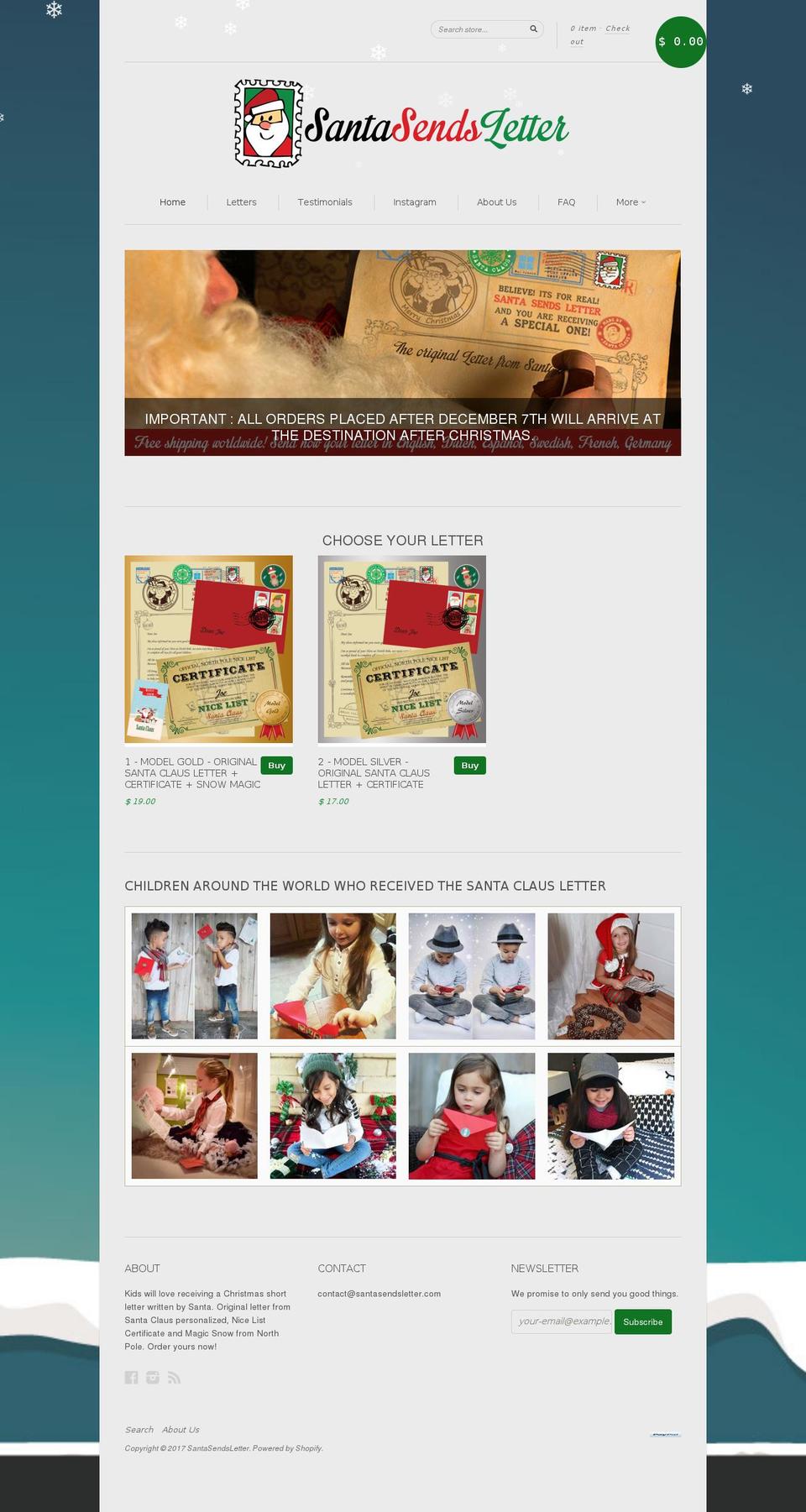 santasendsletter.com shopify website screenshot