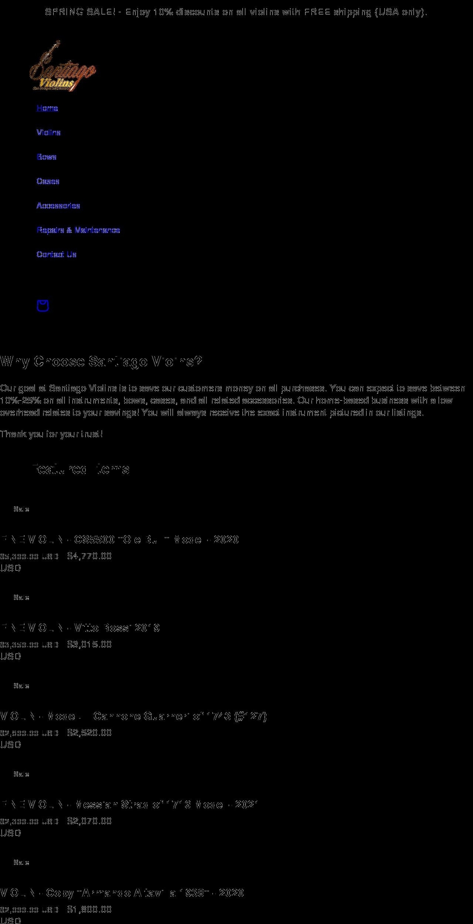 santiagoviolins.com shopify website screenshot