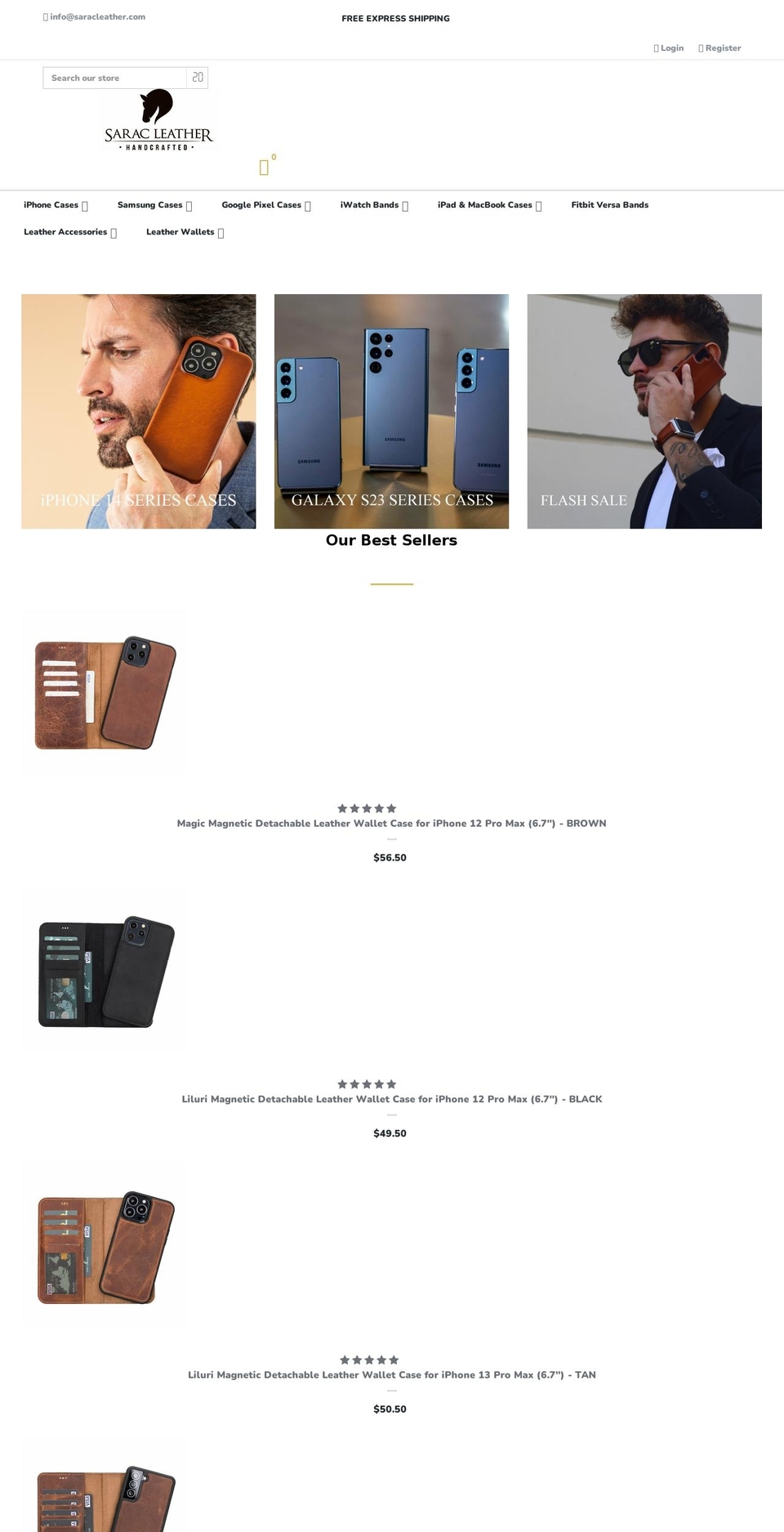 saracleather.com shopify website screenshot