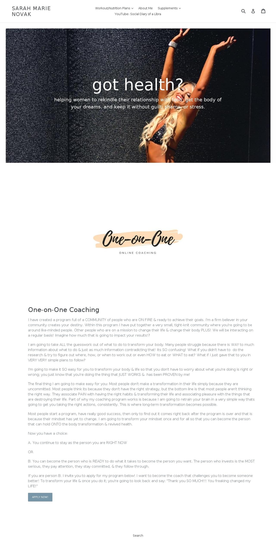 sarahnovakfit.com shopify website screenshot