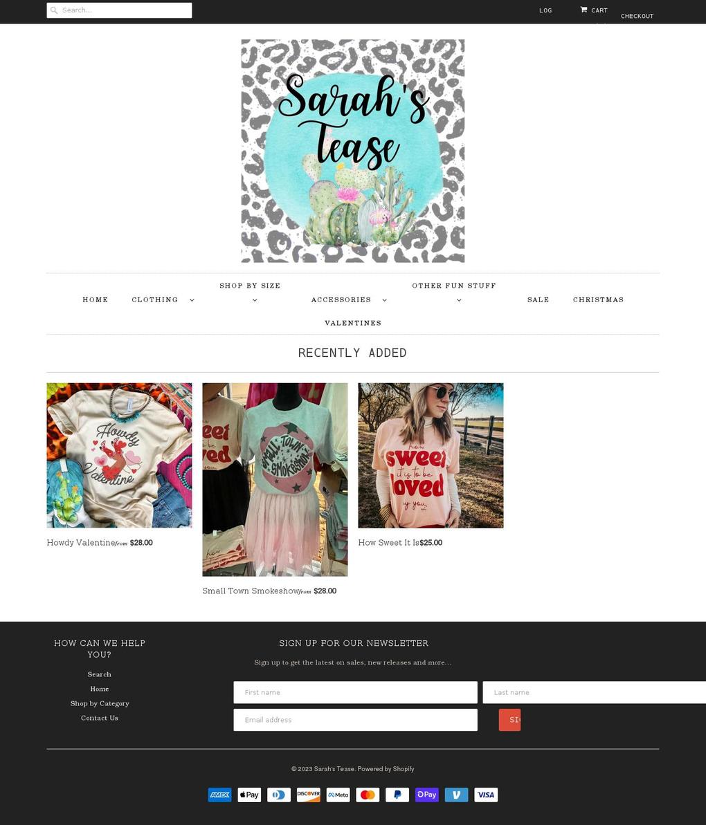 sarahstease.com shopify website screenshot