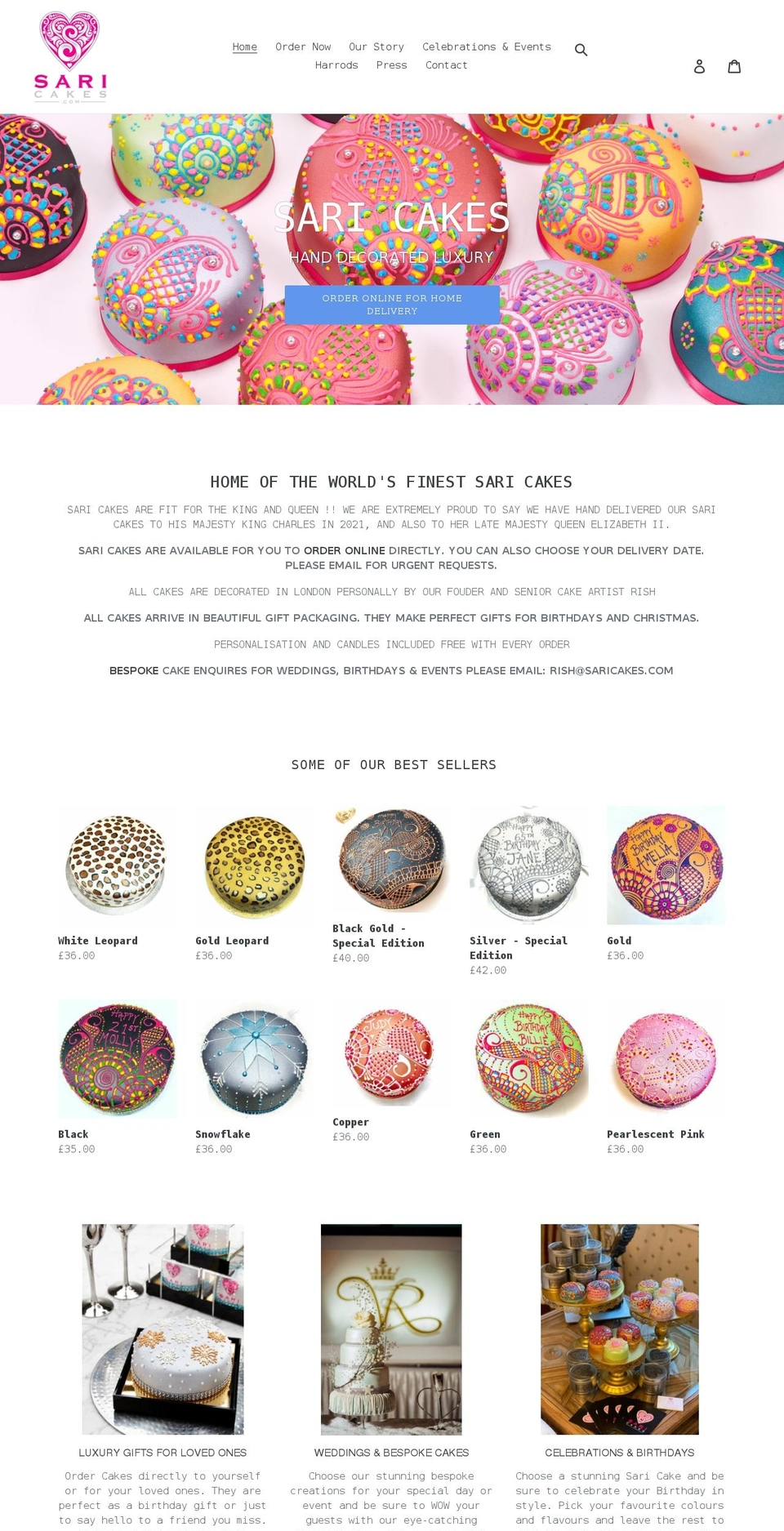 saricakes.com shopify website screenshot