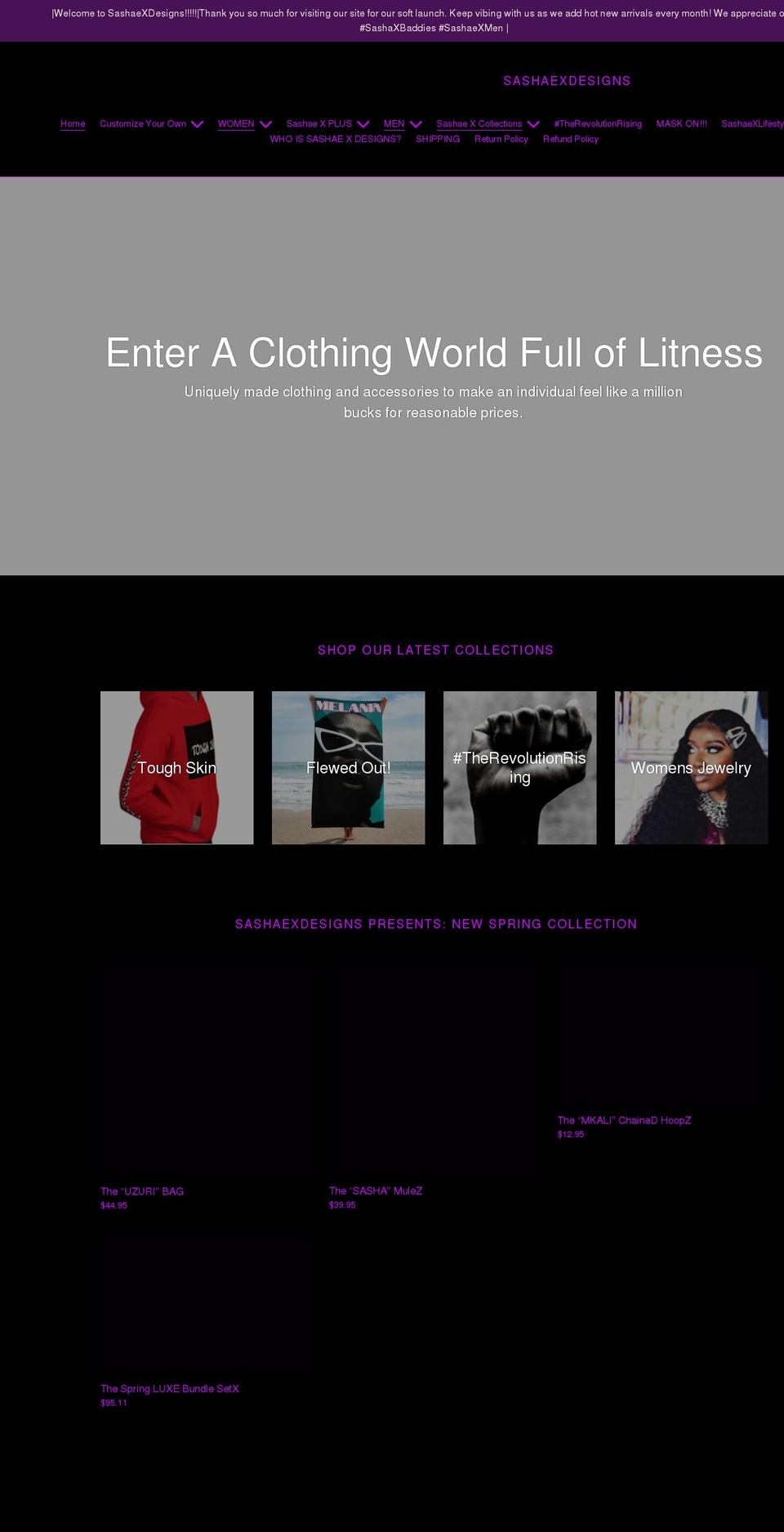 sashaexdesigns.com shopify website screenshot