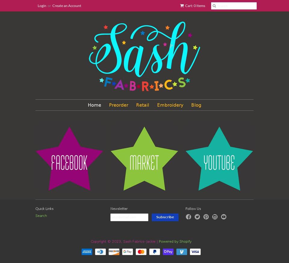 sashfabrics.com shopify website screenshot