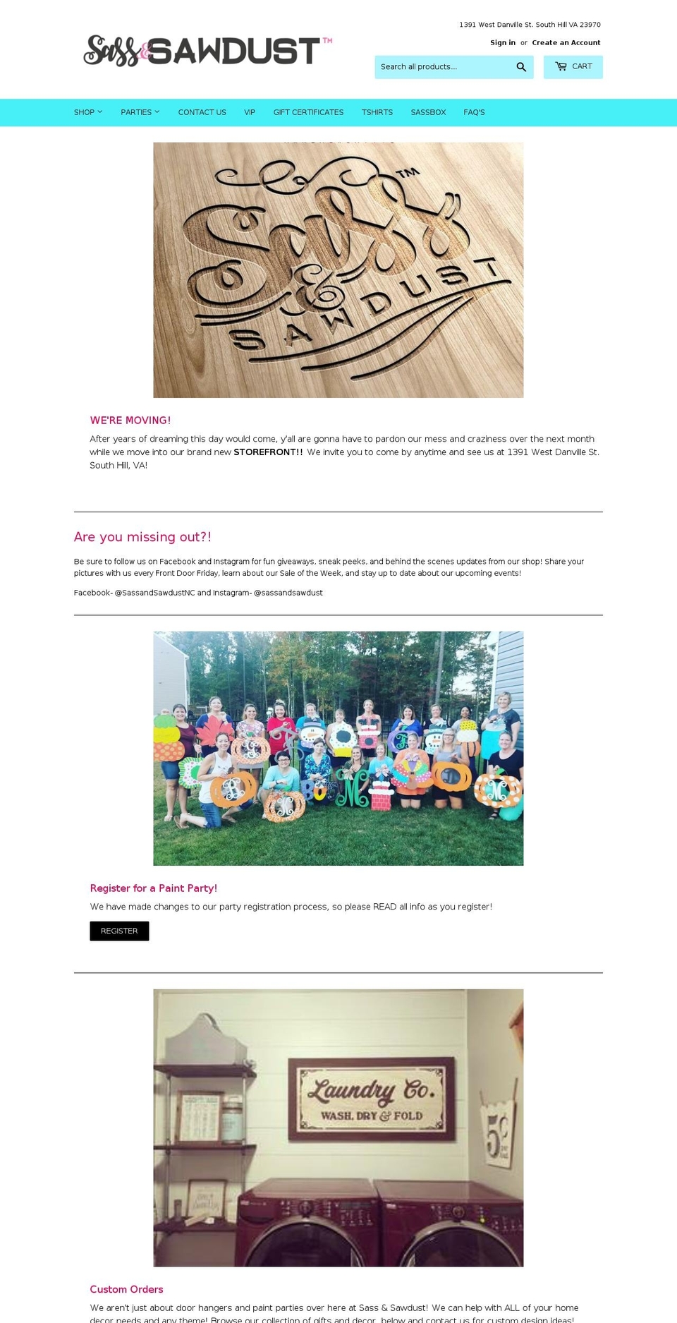 sassandsawdustparty.com — Shopify storefront screenshot
