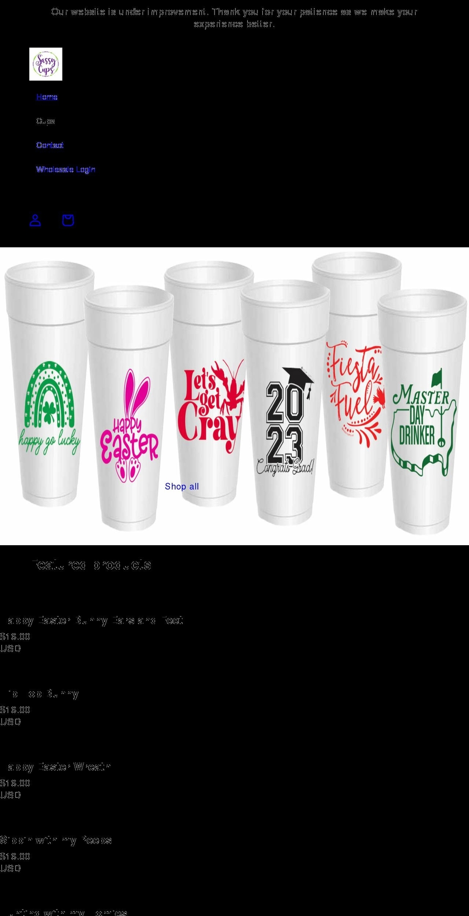 sassycups.com shopify website screenshot