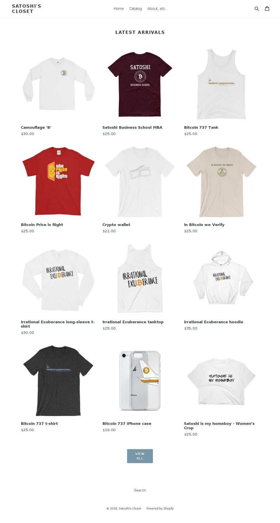 satoshiscloset.com — Shopify storefront screenshot