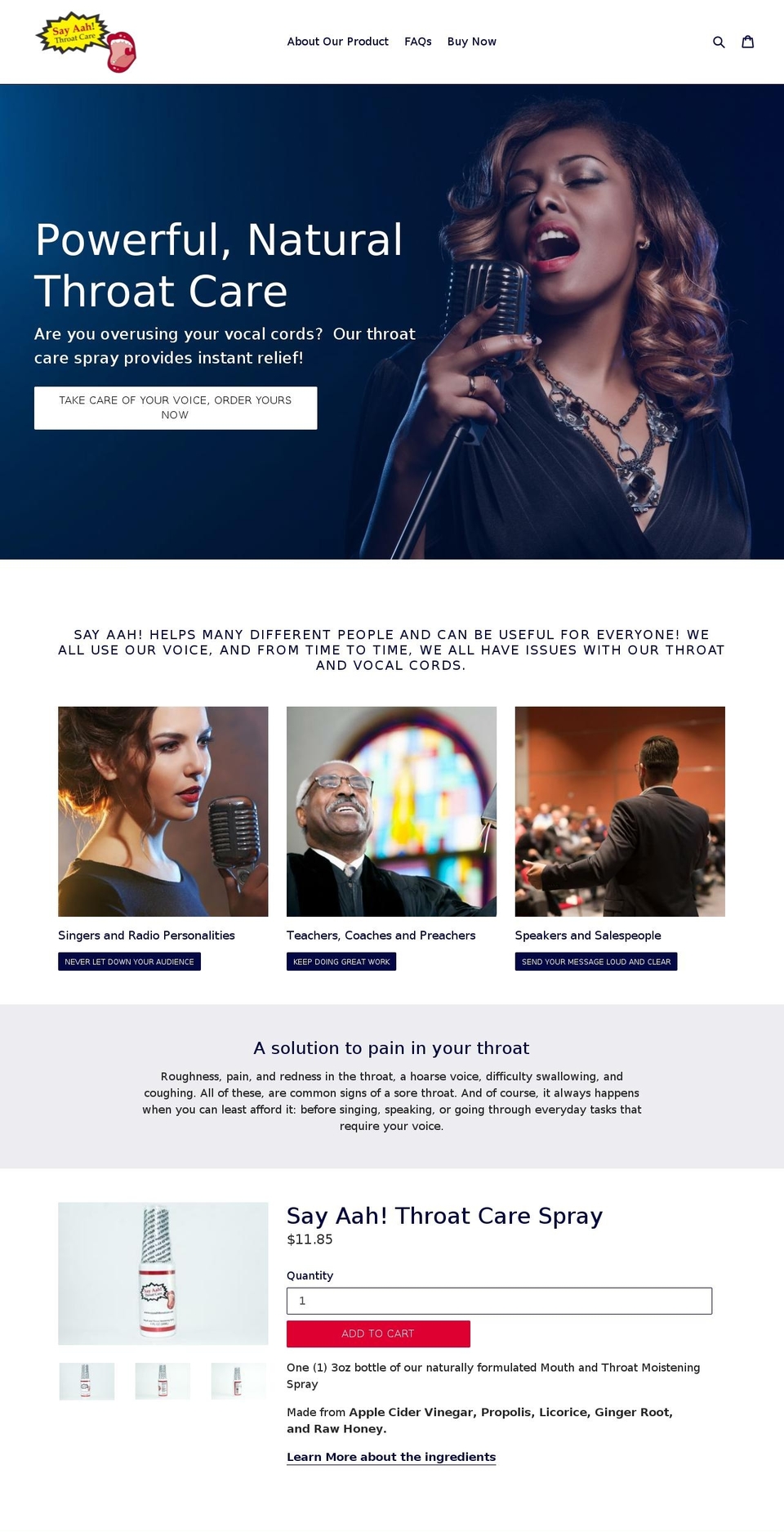 sayaahthroatcare.com — Shopify storefront screenshot