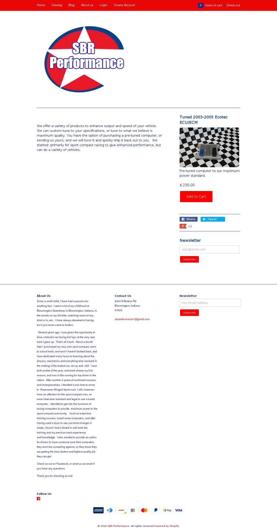 sbrperformance.com shopify website screenshot