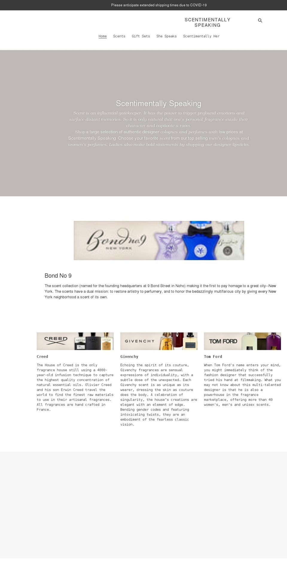 scentimentallyspeaking.com shopify website screenshot