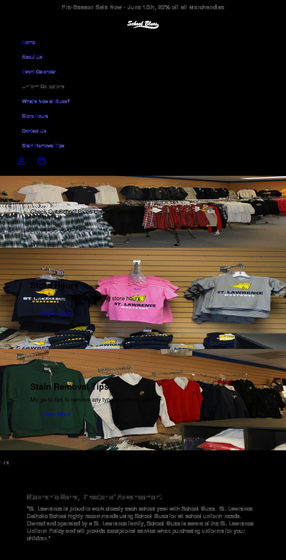 schoolbluesuniforms.com shopify website screenshot