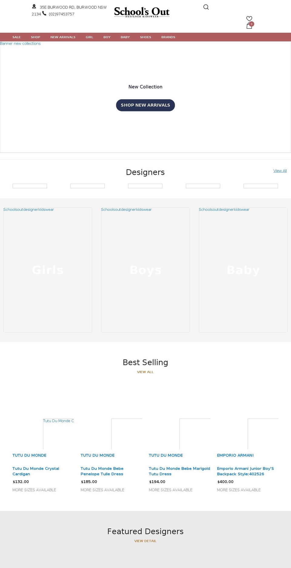schoolsoutdesignerkidswear.com.au shopify website screenshot