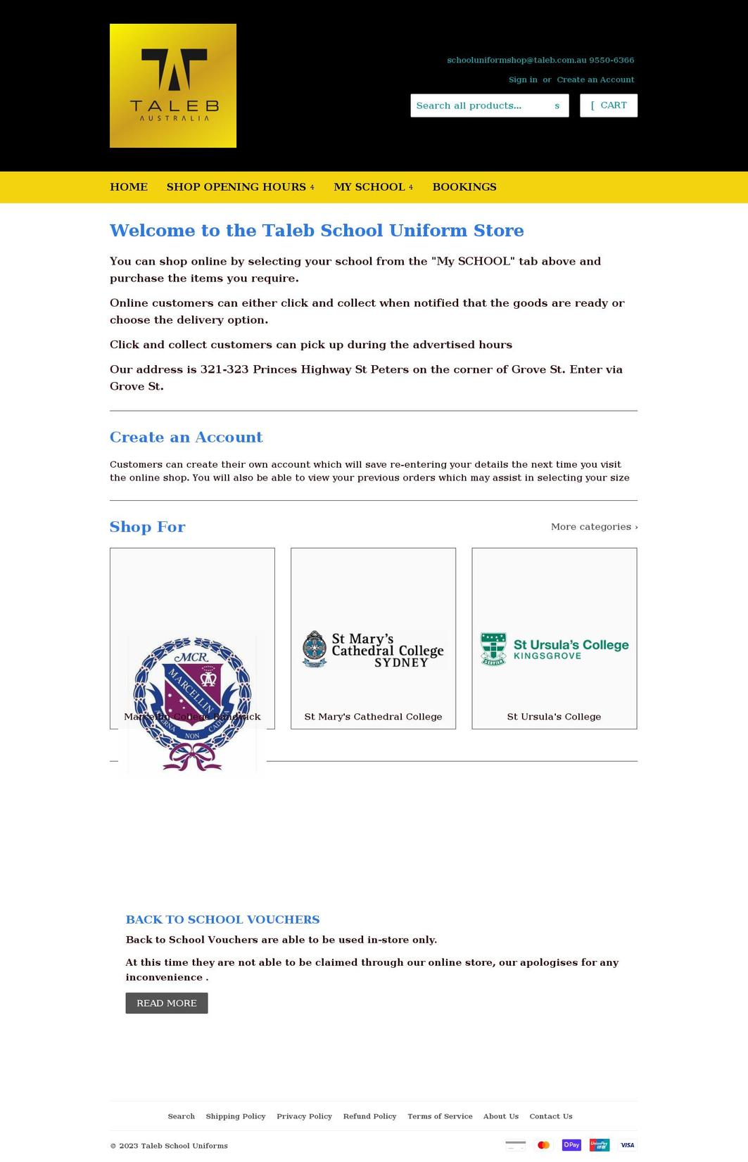 schooluniformshop.com.au shopify website screenshot