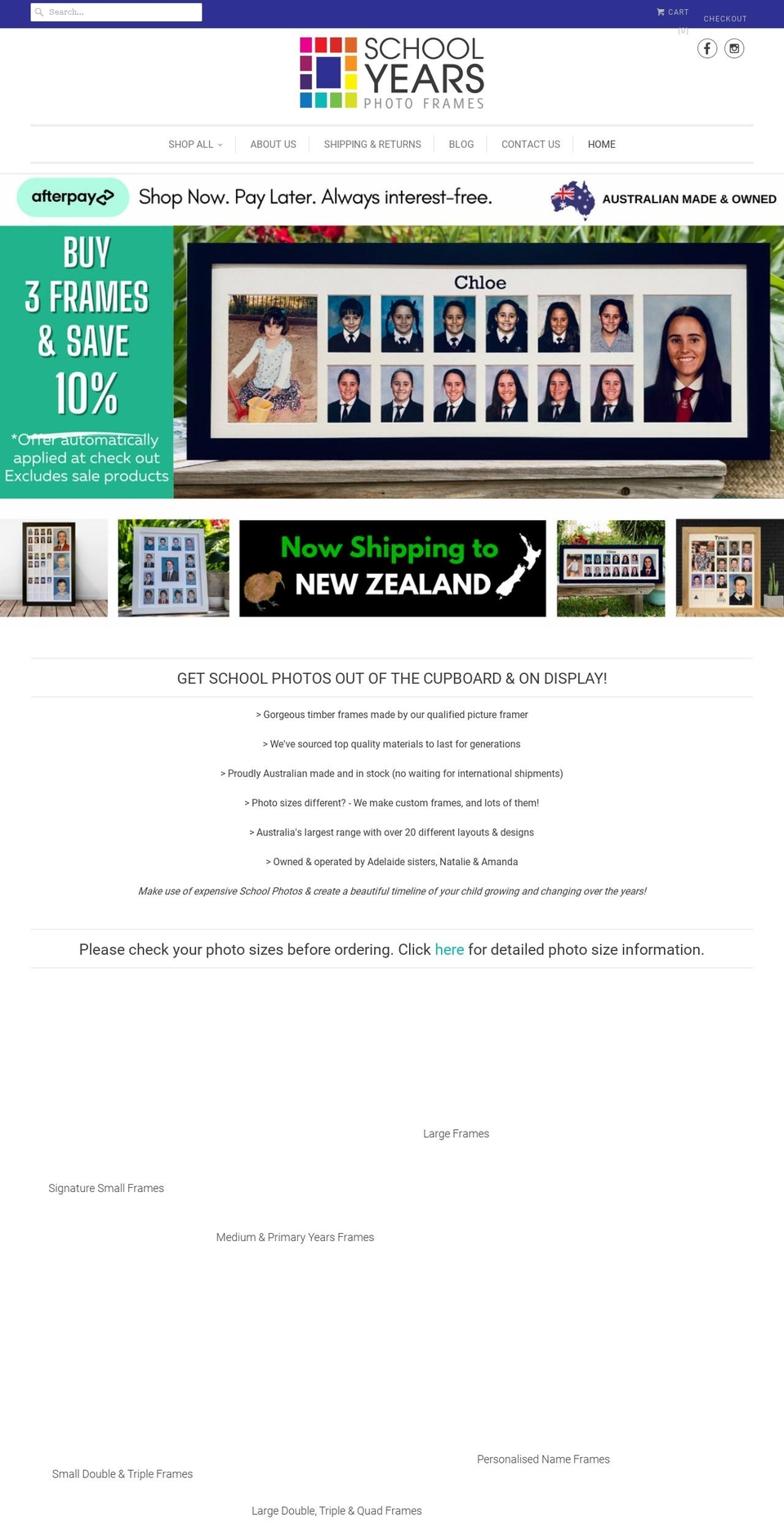 schoolyearsphotoframes.com.au shopify website screenshot