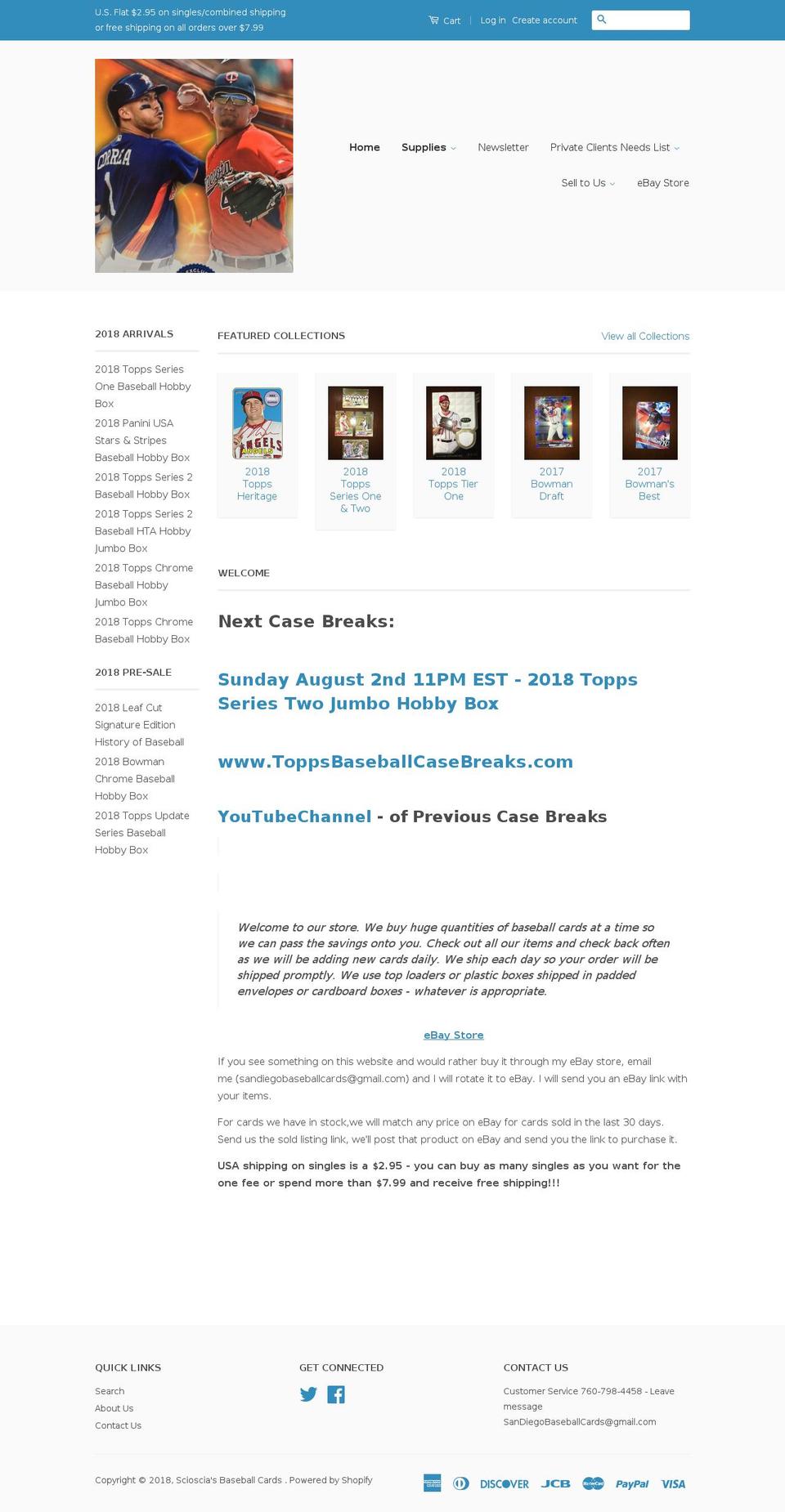 sciosciasbaseballcards.com shopify website screenshot