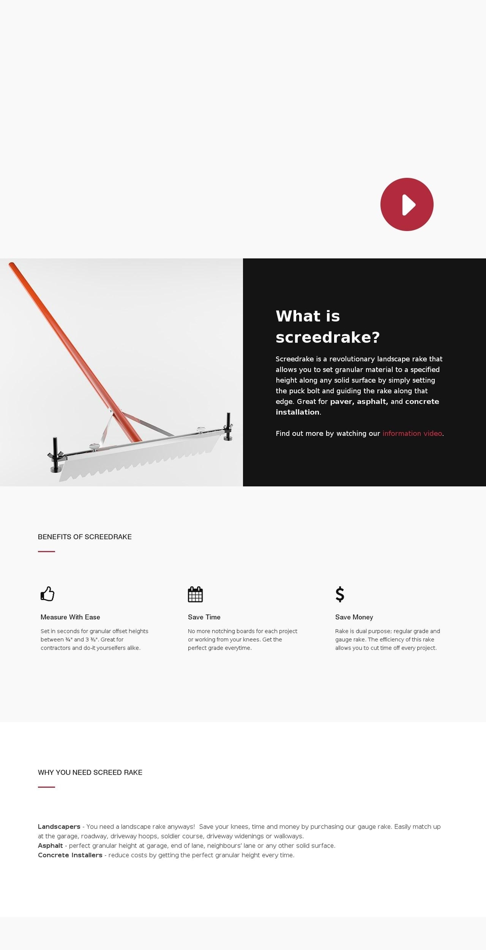 screed-rake.com shopify website screenshot